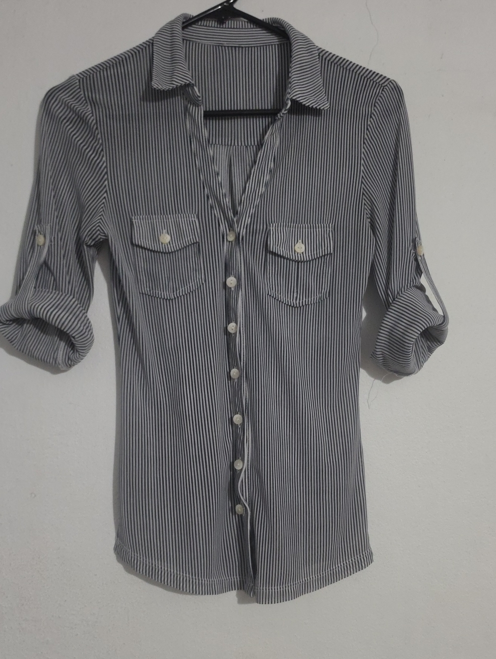 Women’s Navy and White Striped Button-Down Shirt